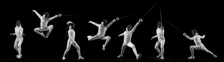 Dynamic collage. Fencing athletes striking, parrying, lunging in synchronized duel sequence against...