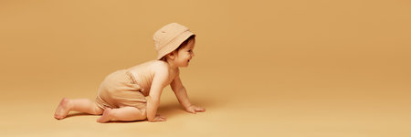 Banner. Laughing baby crawling forward wearing soft cap and shorts against warm beige background with negative space to insert text. Concept of adventure, growth, curiosity, early childhood.の写真素材