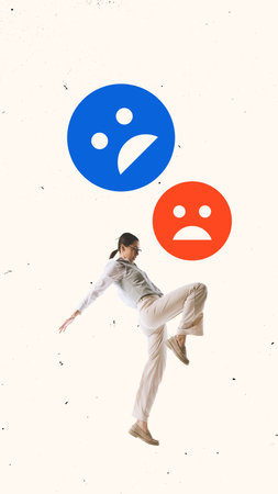 Conceptual art design. Emotional Balance. Corporate professional balancing emotions between optimism and challenges in decision-making process. Concept of business psychology, leadership, adaptabilityの写真素材