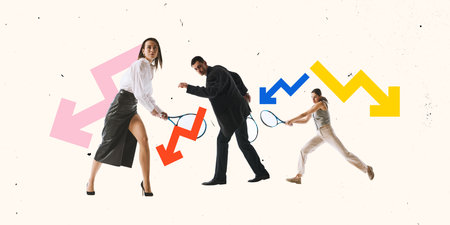 Contemporary art collage. Three workers playing with tennis rackets against rising and falling arrows, representing volatility of financial markets. Concept of business strategy, leadership.の写真素材