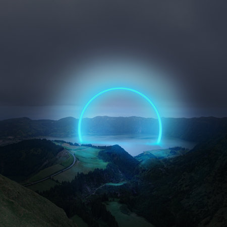 Composite image. Neon blue half-circle portal glowing over calm lake surrounded by mountains under dark sky. Concept of futuristic landscapes, imagination, technology, abstract nature.の写真素材