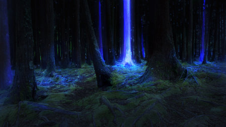 Composite image. Glowing blue beam emerging from ancient tree in dense forest, illuminating twisted roots and surrounding mist. Concept of mysterious energy, nature, sci-fi fantasy.の写真素材