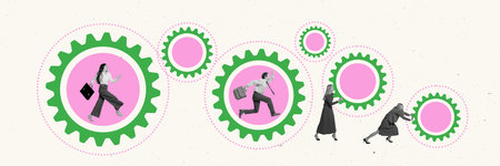 Contemporary art collage. Multiple professionals operating inside pink and green gears against light beige background. Concept of business synergy, workflow automation, connectivity, and productivity.の写真素材