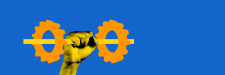 Banner. Contemporary art collage. Yellow-toned fist gripping yellow bar with orange gears at ends...