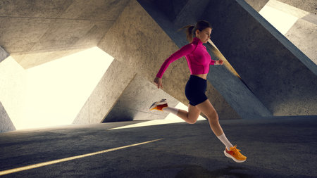 Composite collage of young female athlete sprinting with determination in futuristic urban architecture. Concept of sport, endurance, competition, dynamic movement, modern cityscape.の写真素材