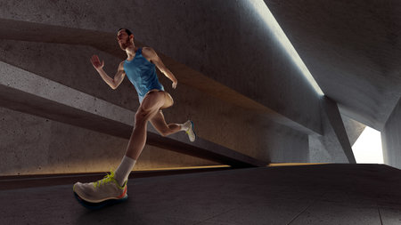 Composite collage of male athlete pushing forward with strength and agility, during competition, in modern urban tunnel. Concept of sport, discipline, power, urban fitness, dynamic movement.の写真素材