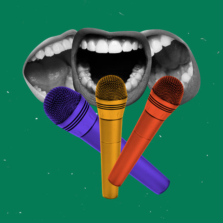 Contemporary art collage. Three open mouths speaking into vibrant microphones against green...