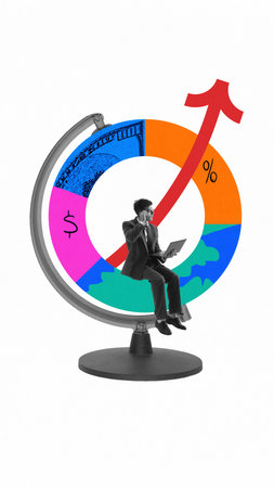 Conceptual art design. Businessman sitting on dynamic financial globe with rising graph,...