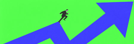 Banner. Conceptual art collage. Businessman sprinting upward on financial arrow against green...