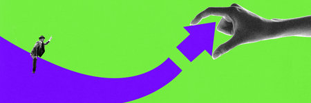 Banner. Modern artwork. Man pointing forward while giant hand places puzzle arrow on pathway against green background. Concept of business growth, teamwork, economic development, planning, sales.の写真素材