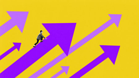 Conceptual design. Entrepreneur climbing financial arrow, striving for success against vibrant...