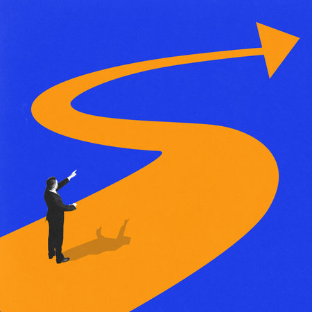 Modern art collage. Man pointing towards winding pathway leading to success against deep blue background. Concept of marketing, leadership, goal, business navigation and couching.の写真素材