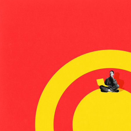 Contemporary art collage. Entrepreneur sitting inside economic target zone with laptop against...