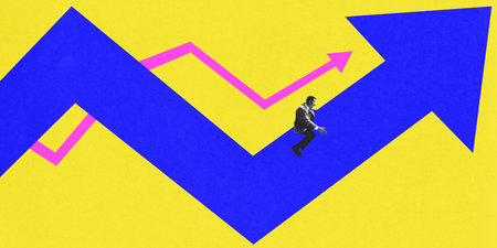 Modern artwork. Entrepreneur riding on fluctuating stock chart arrows against bright yellow...