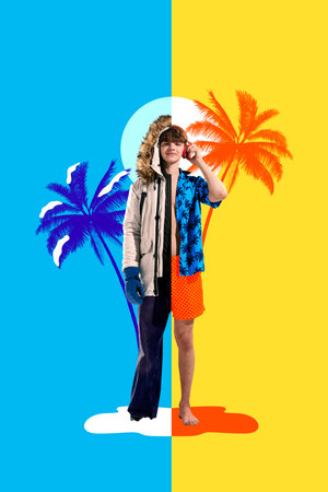 Cold to tropical getaway. Man dressed in half winter coat and half summer shirt, listening to music...