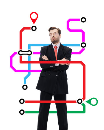 Conceptual art design. Confident businessman standing with arms crossed, overlaid by metro-inspired map with red location markers. Concept of roadmap, planning, strategic vision, leadership.の写真素材