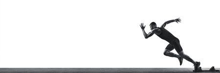 Banner. Young athlete, sportsman running in motion against white studio background with negative...