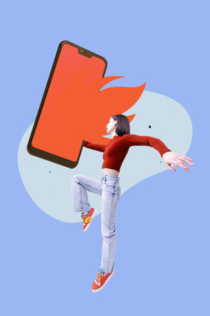 Contemporary art collage. Young woman reaching towards giant smartphone with flames behind, symbolizing digital passion, enthusiasm for online presence. Concept of digital engagement, social mediaの写真素材