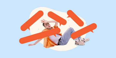 Creative art collage. Young man in casual outfit overwhelmed by floating speech bubbles, symbolizing online pressure, digital overload. Concept of internet influence, social media, information flow.の写真素材