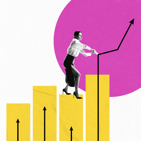 Contemporary art collage. Businesswoman climbing bar chart while adjusting upward trend line, representing leadership, strategy, and economic growth. Concept of business, progress, financial success.の写真素材