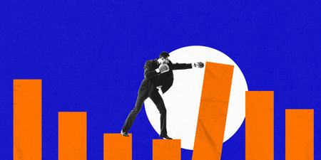 Creative art collage. Businessman in boxing gloves standing on fluctuating bar chart, fighting for stability and growth in competitive environment. Concept of business, resilience, leadership.の写真素材