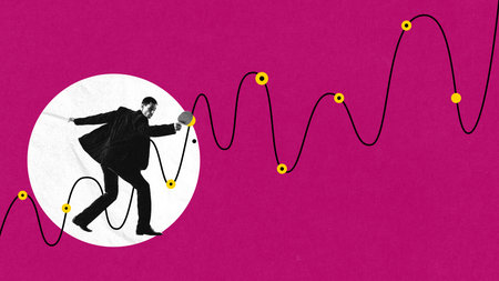 Modern artwork. Businessman playing table tennis with fluctuating trend line, symbolizing dynamic...