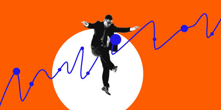 Contemporary art collage. Businessman balancing on fluctuating trend line, demonstrating agility and adaptability in ever-changing corporate environment. Concept of business, risk-taking, resilience.の写真素材