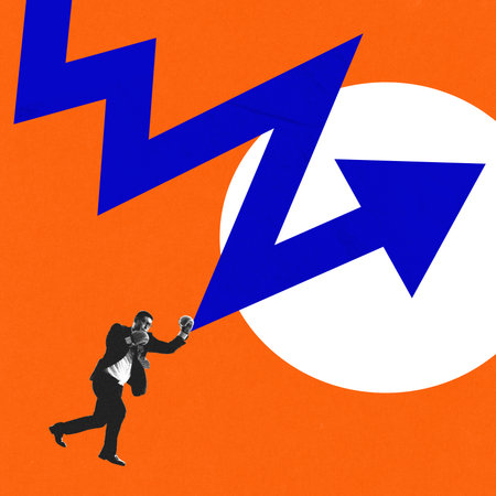 Modern artwork. Businessman in boxing gloves punching sharp upward trend, fighting for economic success and financial growth. Concept of business, resilience, competitive spirit.の写真素材