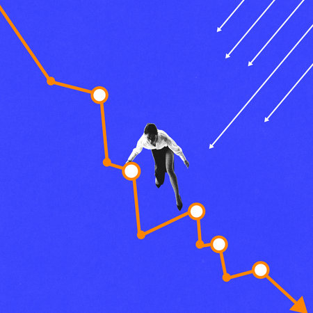 Creative art collage. Businesswoman climbing downward-trending financial graph, overcoming obstacles and striving for stability. Concept of business, crisis management, determination.の写真素材