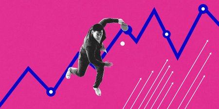 Modern artwork. Entrepreneur playing table tennis with financial trend line, symbolizing agility, quick decision-making, and adaptability. Concept of business, competitiveness, strategy.の写真素材