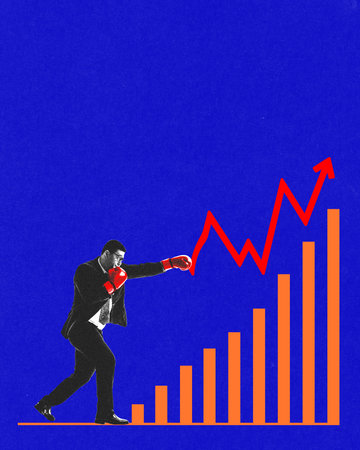 Creative art collage. Modern artwork. Businessman in boxing gloves fighting fluctuating market trends, symbolizing determination, resilience, and financial strategy. Concept of business, challenge.の写真素材