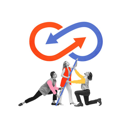Contemporary art collage. Team raising infinity loop with arrows, symbolizing continuous growth,...