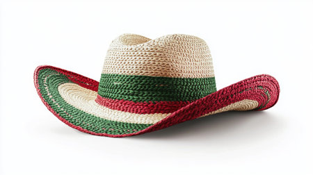 Close up photo of Mexican sombrero with wide brims and colorful lines in colors of Mexican flag, rests against white background. Concept of traditions, celebration, Cinco de Mayo, holidaysの素材