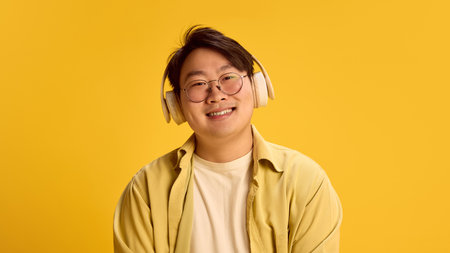 Close up portrait of young Asian man dressed casually looking at camera while listening music in headphones against sunny yellow background. Concept of human emotions, music, dance. Adの写真素材