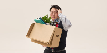 Tired young Asian man holding huge cardboard box, against white studio background. Concept of human emotions, failure, changes, lifestyle.の写真素材