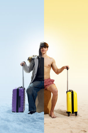 Collage. Between two climates. Man half-dressed in winter gear and beach shorts, sitting between snow and sand, holding suitcases. Concept of travel, season shift, holiday packing, vacation planning.の写真素材