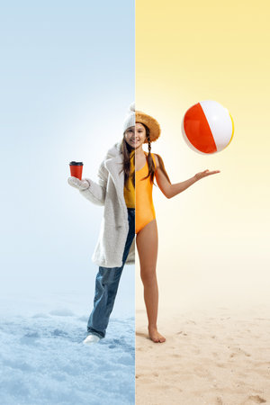 Collage. Girl wearing fluffy winter hat and beach outfit, holding coffee cup and tossing beach ball, symbolizing contrast between winter and summer. Concept of seasonal journey, vacation.の写真素材