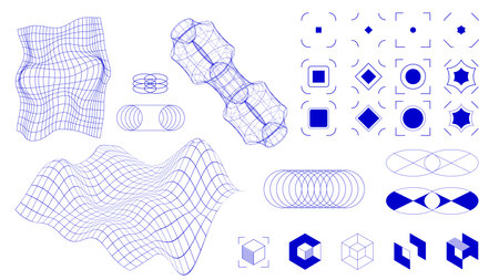 Vector design. Set of structured geometric patterns, including recursive grids, optical illusions, and abstract force fields, showcasing mathematical beauty. Science. Modern art. Abstract concepts.のイラスト素材