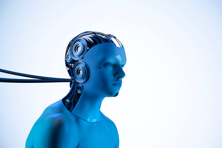 Composite image made of mans portrait and 3D model of robot cyborg head connected with cables against gradient background with blue tone. Concept of science, AI technology, digital age, futurism. Adの写真素材