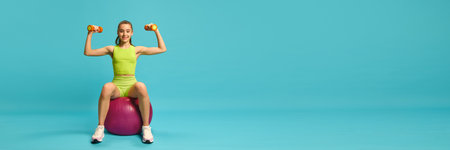 Banner. Charming, athletic girl, sitting on fitness ball and doing exercises for hands with...