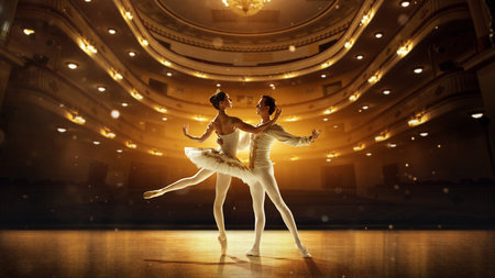 Graceful ballerina held by partner in fluid motion, golden stage lights enhancing silhouettes. Concept of classical dance, art and grace, beauty, choreography with refined technique.の写真素材
