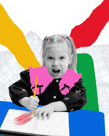 Conceptual art collage. Girl fiercely scribbling in notebook, expressing emotion and frustration of early learning process. Concept of school life, homework struggle, emotional education.の写真素材