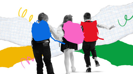 Conceptual art collage. Three kids walking hand in hand with backpacks, moving forward into school...