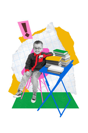 Contemporary art collage. Boy smiling at desk with stack of books and exclamation mark above, symbolizing enthusiasm for study. Concept of education, school time, reading motivation.の写真素材
