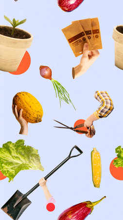 Seamless pattern with fresh fruits and vegetables, gardening equipment against blue background. Textures. Concept of growing,organic food, seasonal fruit care, and gardening dedication.の写真素材