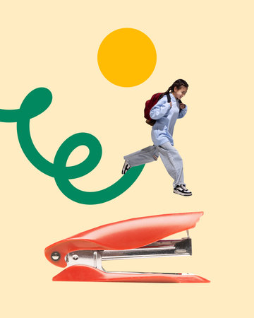 Contemporary art collage. Girl jumping over orange stapler with green swirl, depicting dynamic start...