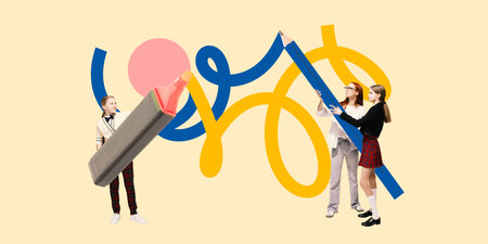 Contemporary art collage. Three students drawing giant scribbles using marker and pencil, celebrating expressive power of education. Concept of study, creativity, teamwork, classroom energy.の写真素材