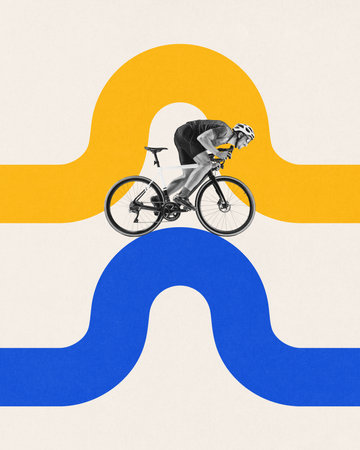 Contemporary art collage. Male athlete riding curved track. Consistency and form. Training precision. Artwork in Bauhaus style. Concept of sport, rhythm, technique and flow.の写真素材