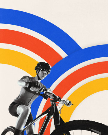 Contemporary art collage. Woman riding bike under dynamic arcs. Motion burst. Energy and drive. Artwork in Bauhaus style. Concept of sport, lifestyle, determination and action.の写真素材