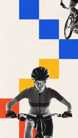 Contemporary art collage. Woman cyclist pushing forward with focus. Personal power. Training intensity. Artwork in Bauhaus style. Concept of sport, strength, vision and direction.の写真素材